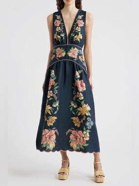 FARM RIO Maria Floral Jacquard Linen Dress